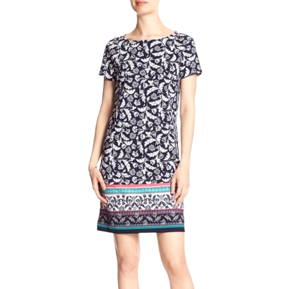 Printed Short Sleeve Shift Dress in Navy and White with Border Stripe